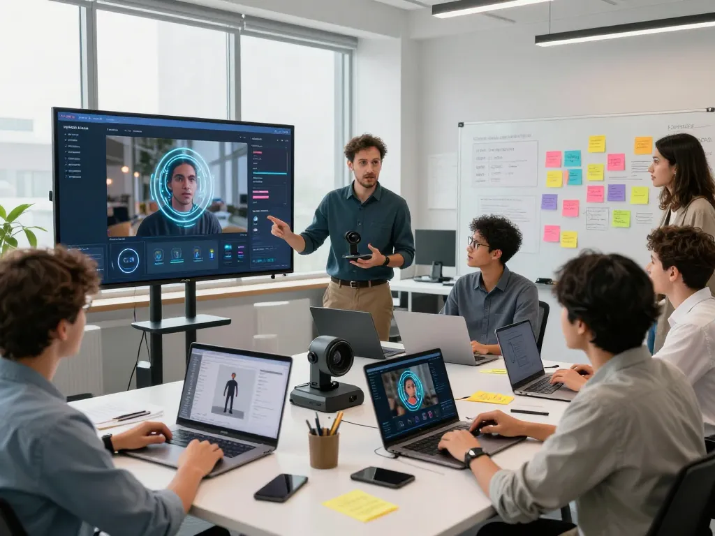 Creators exploring mind control technology in a modern workspace, showcasing collaboration around motion control AI systems.