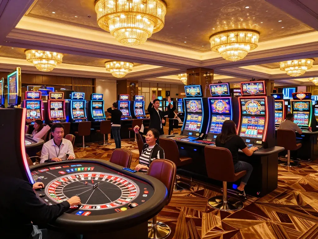 F168 casino floor bustling with players enjoying roulette and slot machines in an upscale environment.