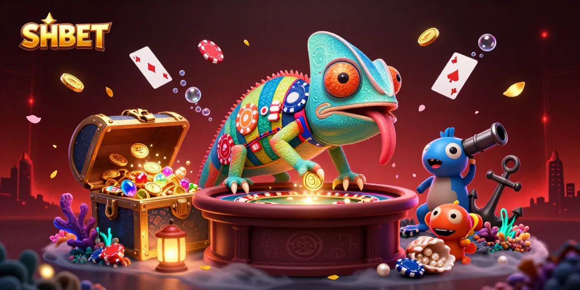 Engaging scene with SHBET's colorful chameleon casino owner and dynamic gaming elements.