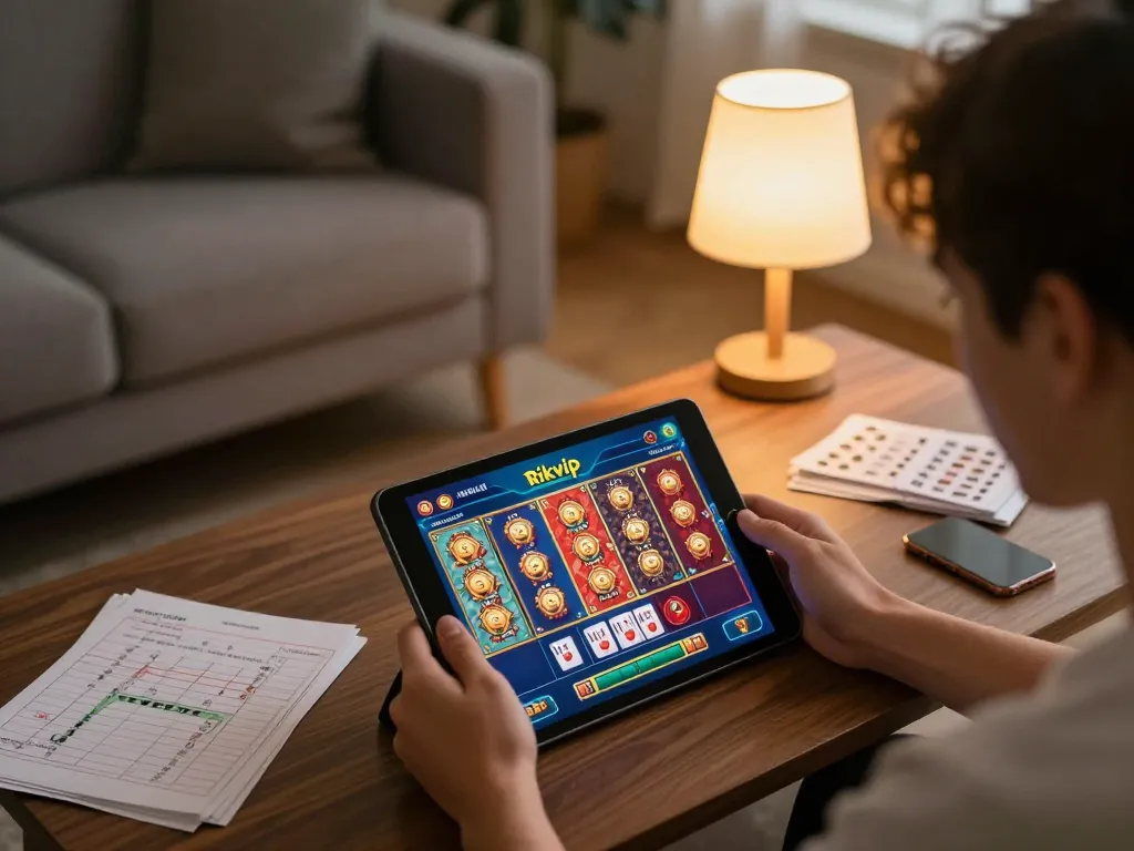 Engaging in online gaming on the rikvip app showcasing exciting slots and card games