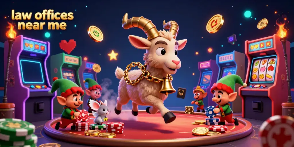 Experience excitement at law offices near me with a whimsical casino scene featuring quirky characters, slot machines, and game elements.