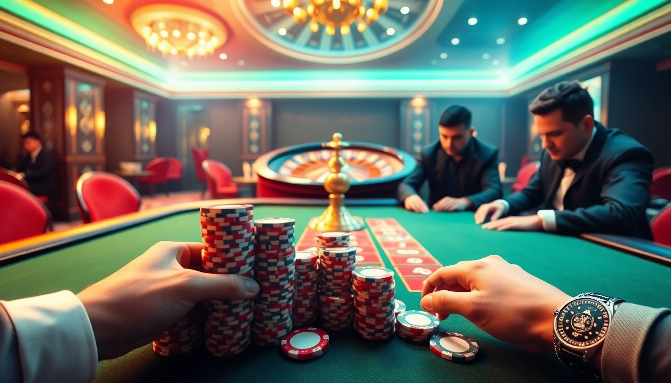 Exciting casino gaming scene featuring professional poker players and roulette at https://oxbet7.com/.