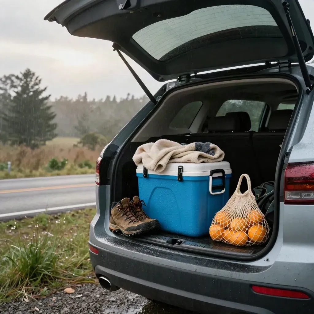 Open tailgate at a wet trailhead with boots, cooler, blanket and citrus after a shower.