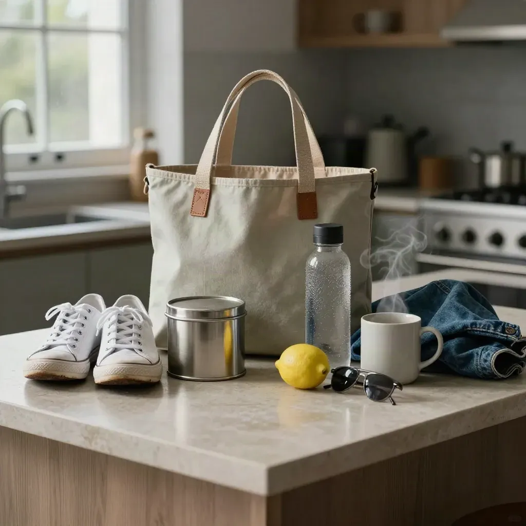 Rain-beaded day tote packed with sneakers, lunch tin, water bottle, citrus, sunglasses, denim, and steam.