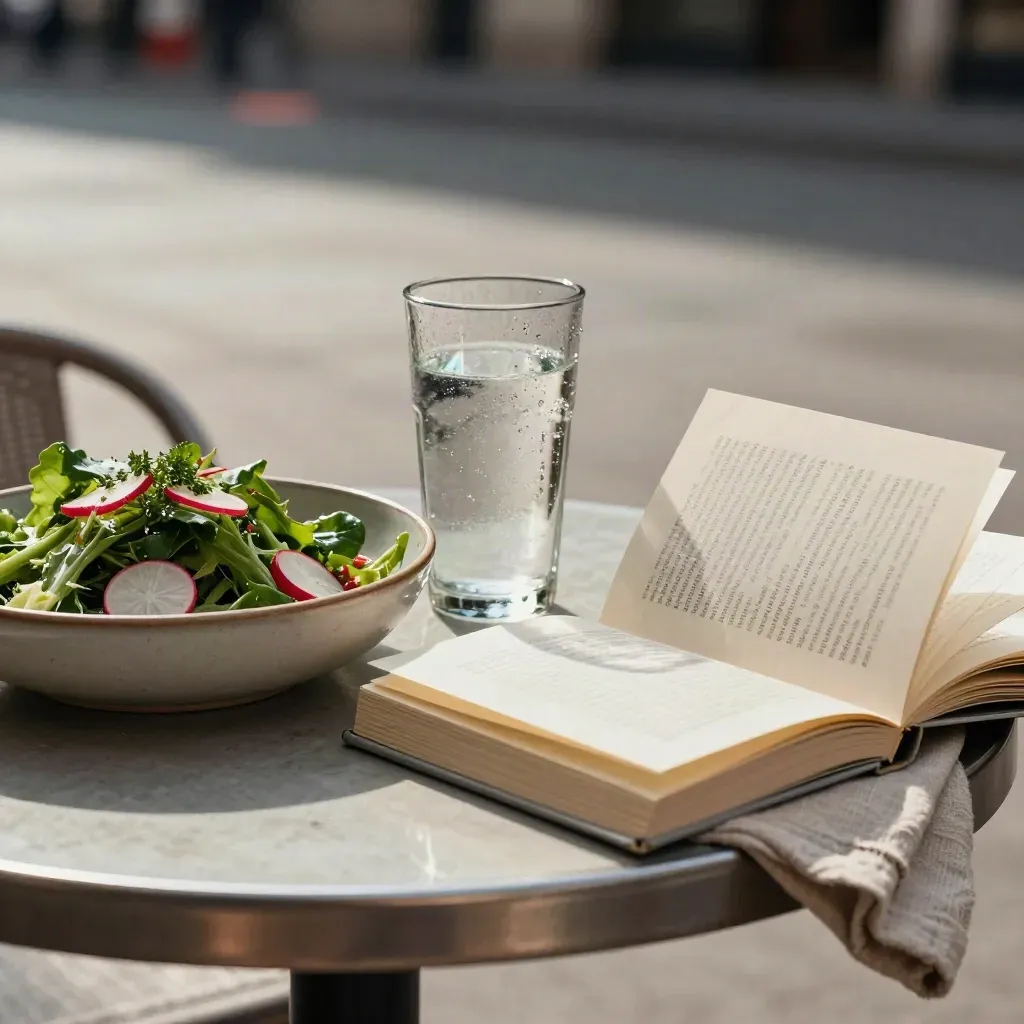 Lunch table with salad, sparkling water, face-down paperback and lifting linen napkin