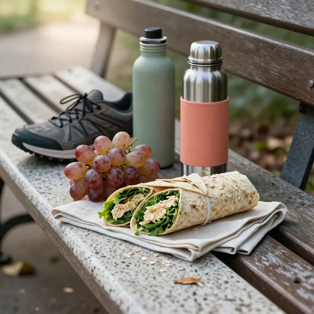 Lunch wraps, grapes, thermos and water bottle on linen by a park path in soft daylight.