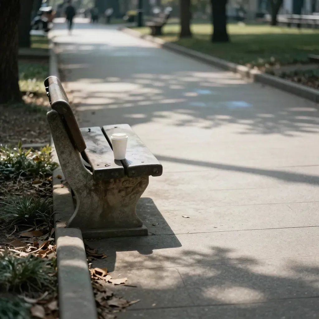 Sunlit park path with a stone bench, takeaway cup, and long midday tree shadows.