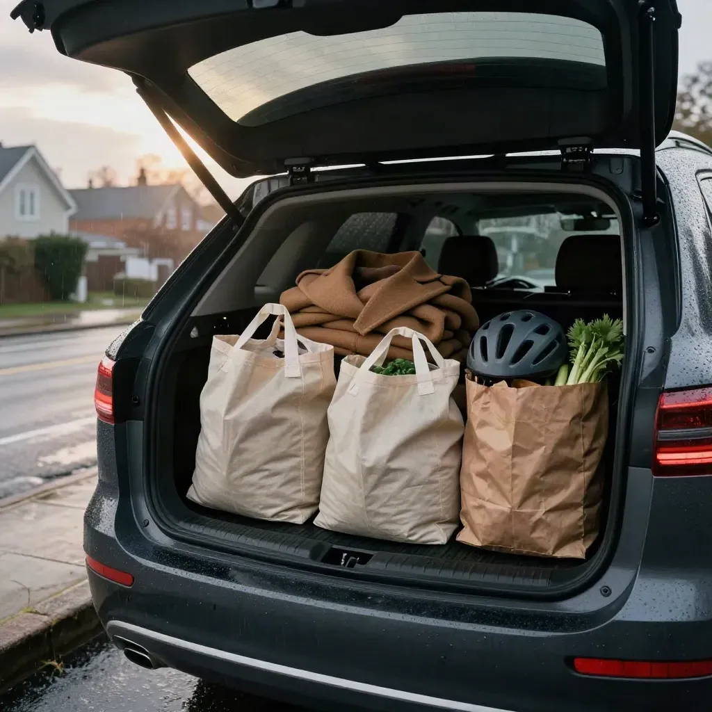 Open car trunk packed for errands with grocery bags, produce, a folded coat and bike helmet on a rainy street.
