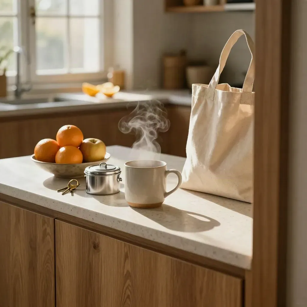 Sunlit breakfast counter with mug, fruit bowl, lunch tin, keys and tote by a bright window.