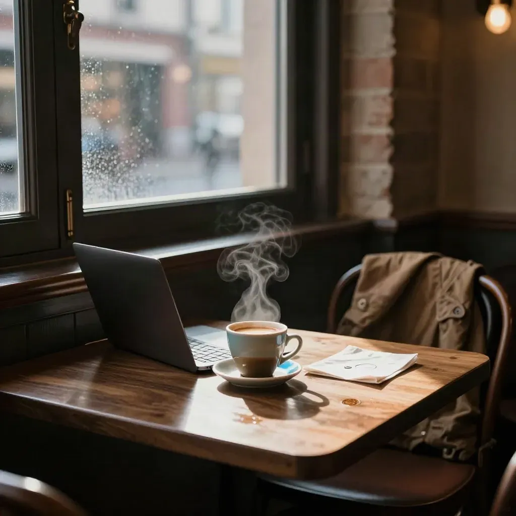 Empty cafe corner table with steaming cup, closed laptop, and jacket on chair by a window.