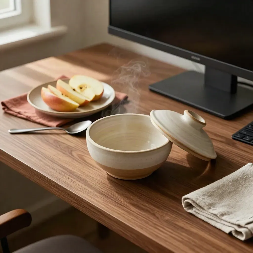 Top-down work desk lunch with a lidded bowl, apple slices, a plate, and a turned monitor.