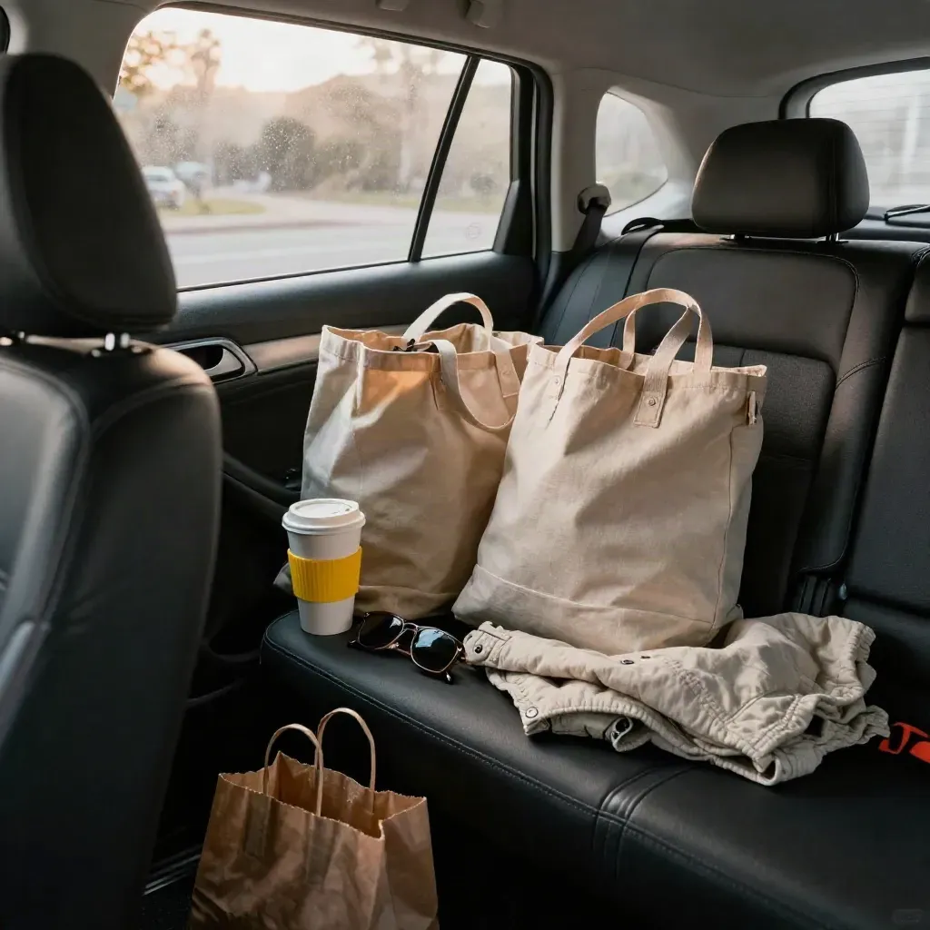 Packed car interior ready for weekend errands, seen from back seat at dawn.