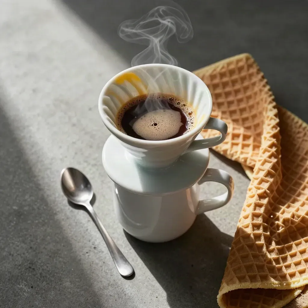 Overhead coffee dripper, mug, spoon, and waffle cloth with steam on concrete.