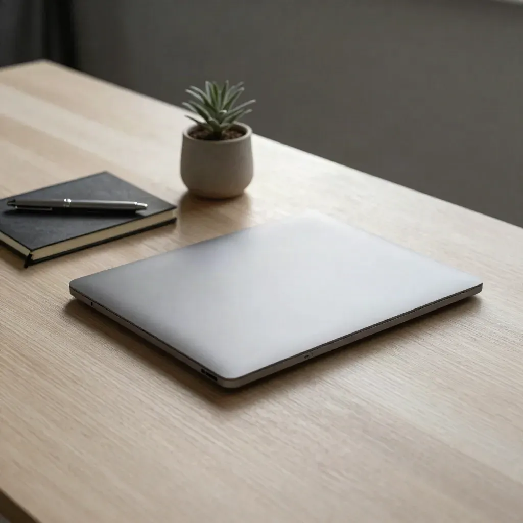 Closed slate laptop with notebook, pen, and tiny plant on pale wood under soft daylight