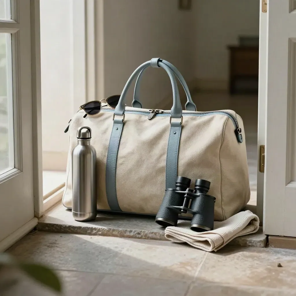 Packed weekender bag with sunglasses, bottle, binoculars, and cloth by a doorway