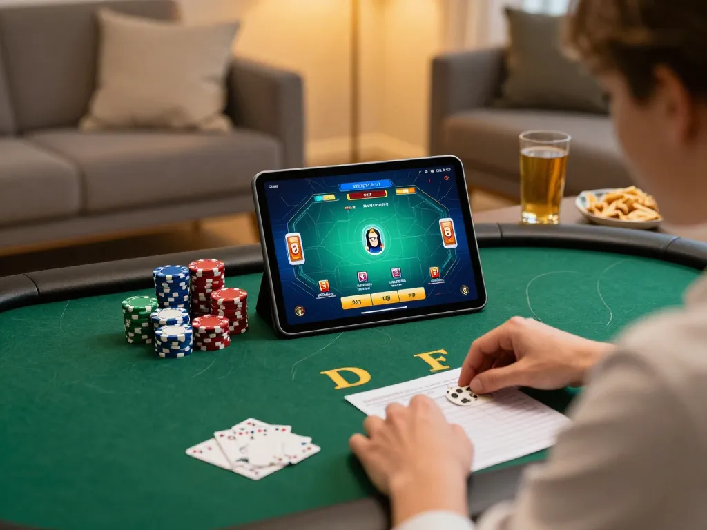 Engaged user enjoying VIN777 poker game on tablet in cozy home setting, surrounded by snacks and strategy notes.