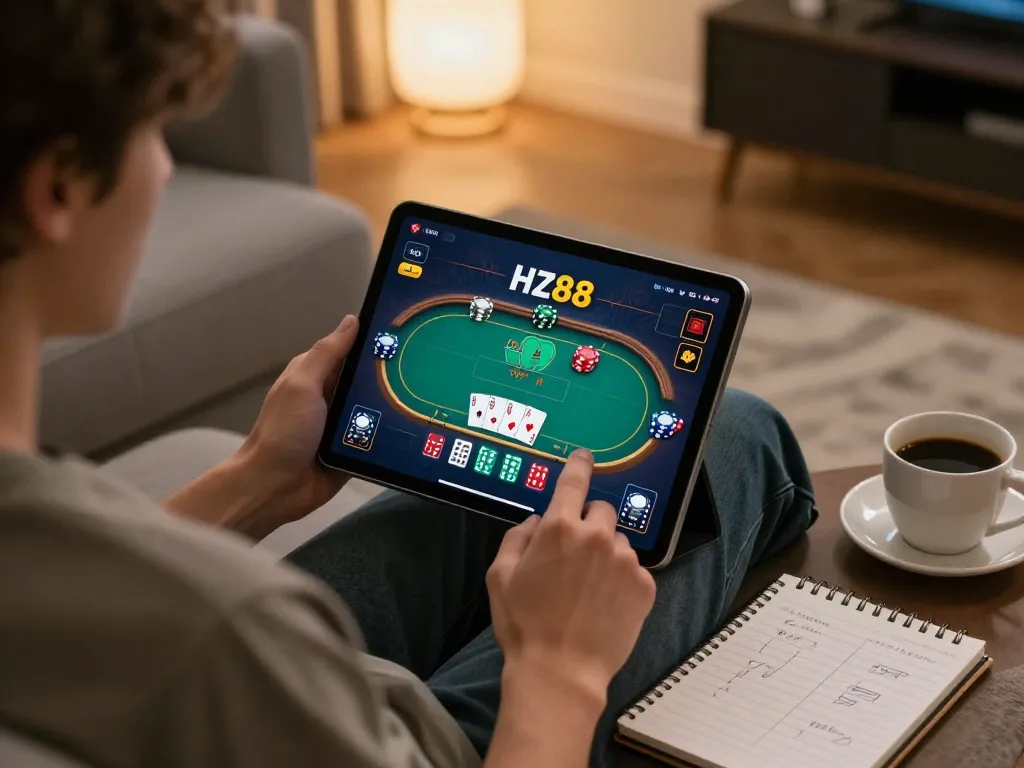 Engaging in HZ88 online casino gameplay, showing a player focused on their tablet with poker game interface.