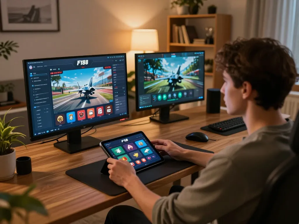F168 tablet gaming scene showcasing interactive casino gameplay in a cozy home setting