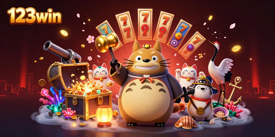 Experience thrilling luck and excitement at 123win with vibrant casino-themed illustrations capturing a dynamic scene.