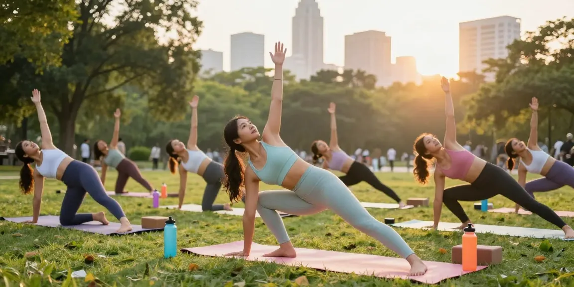 Women practicing yoga in modest activewear during sunrise in an urban park