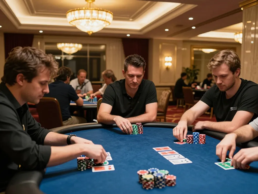 Engaging poker game at dn88 com featuring players concentrating on their hands, elegant casino decor.