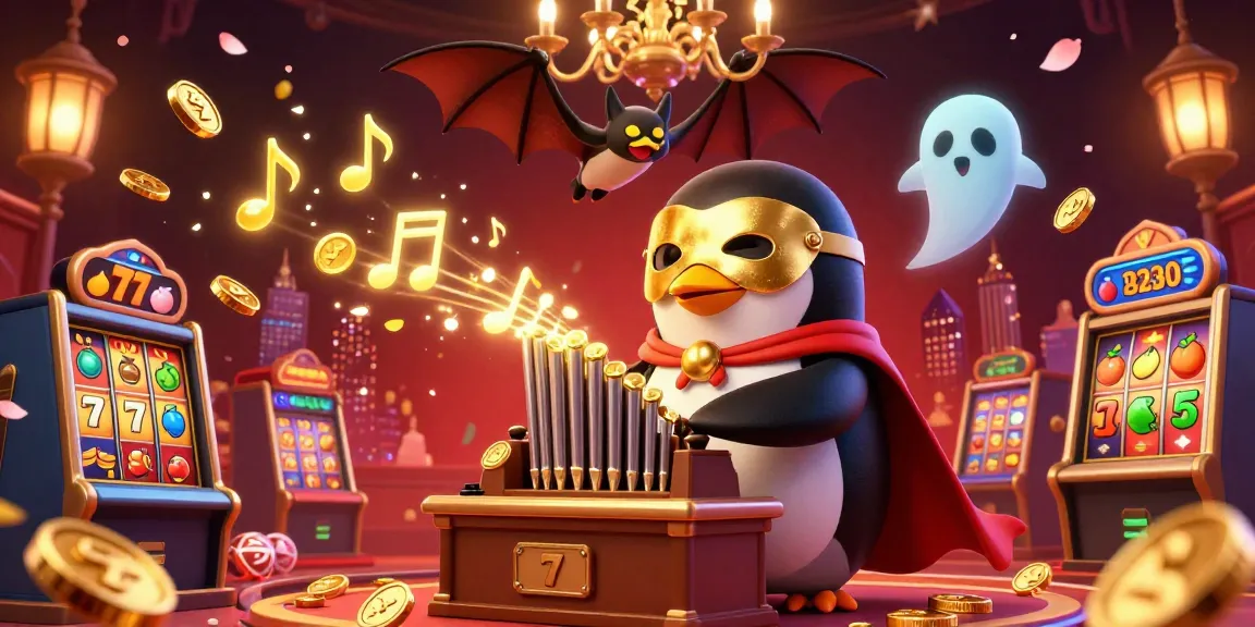 Experience the excitement of Sunwin with a vibrant casino scene featuring a penguin organist amid golden coins.