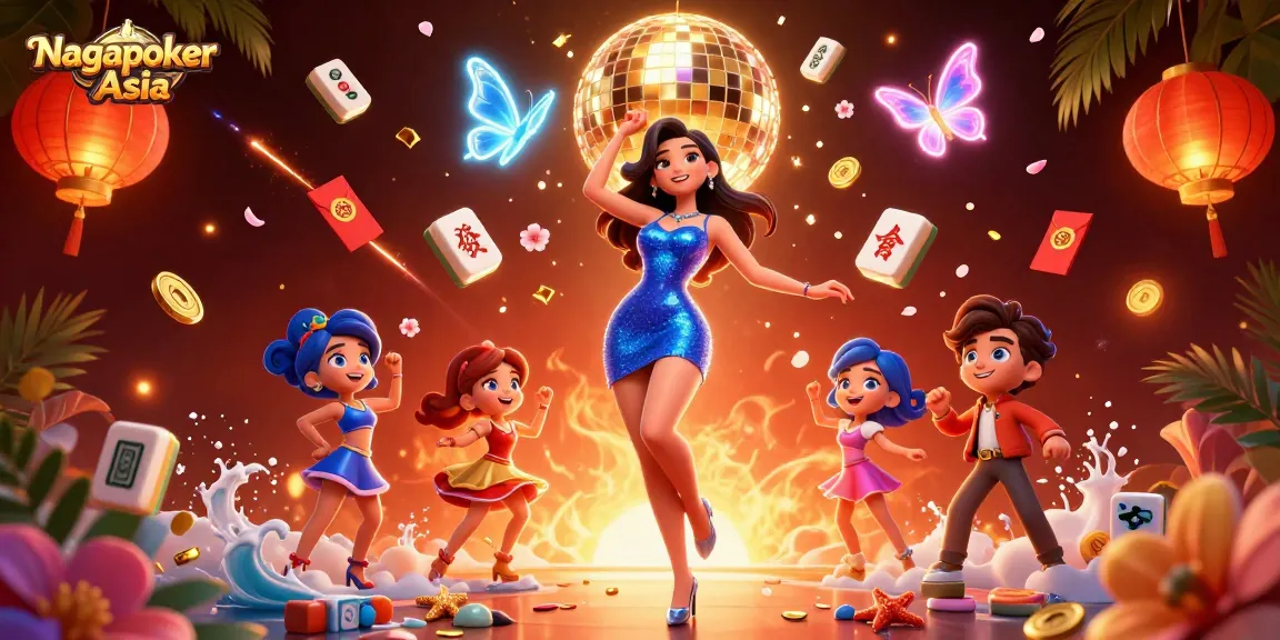 Win big with Nagapoker Asia, featuring a glamorous dancer, neon butterflies, and vibrant casino elements.