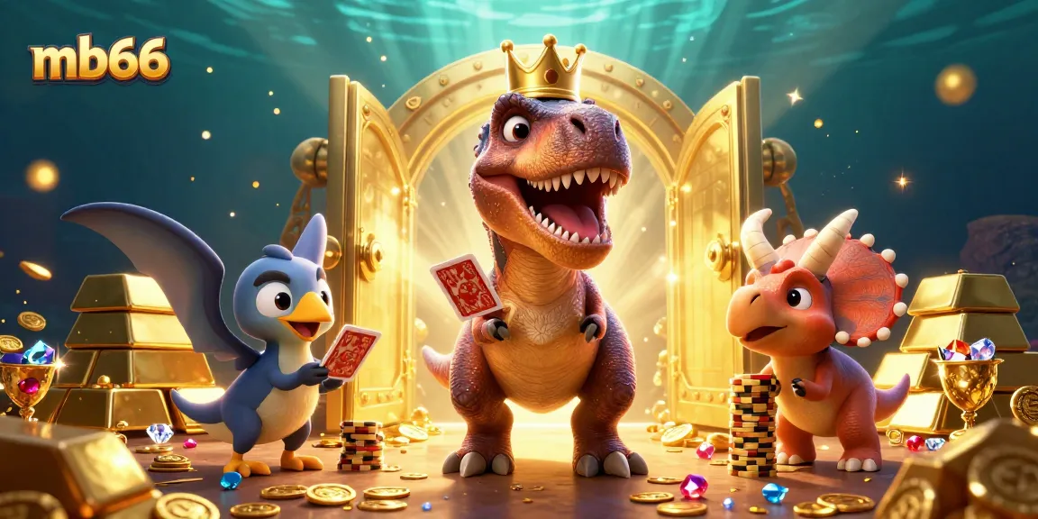 Experience thrilling gameplay at mb66 with a friendly dinosaur dealing cards and stacking chips.