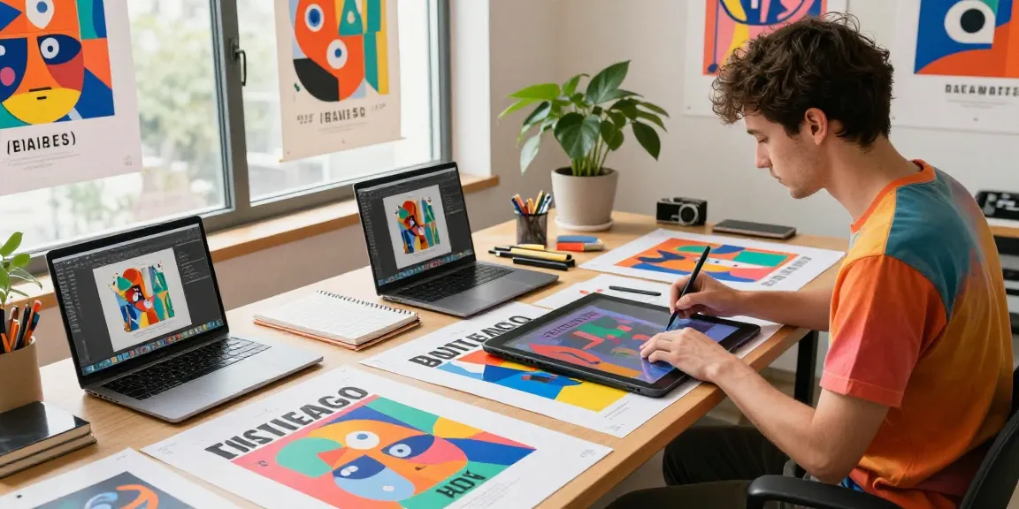 Custom poster printing scene featuring a designer working in a vibrant studio with colorful posters displayed, showcasing creativity and inspiration.