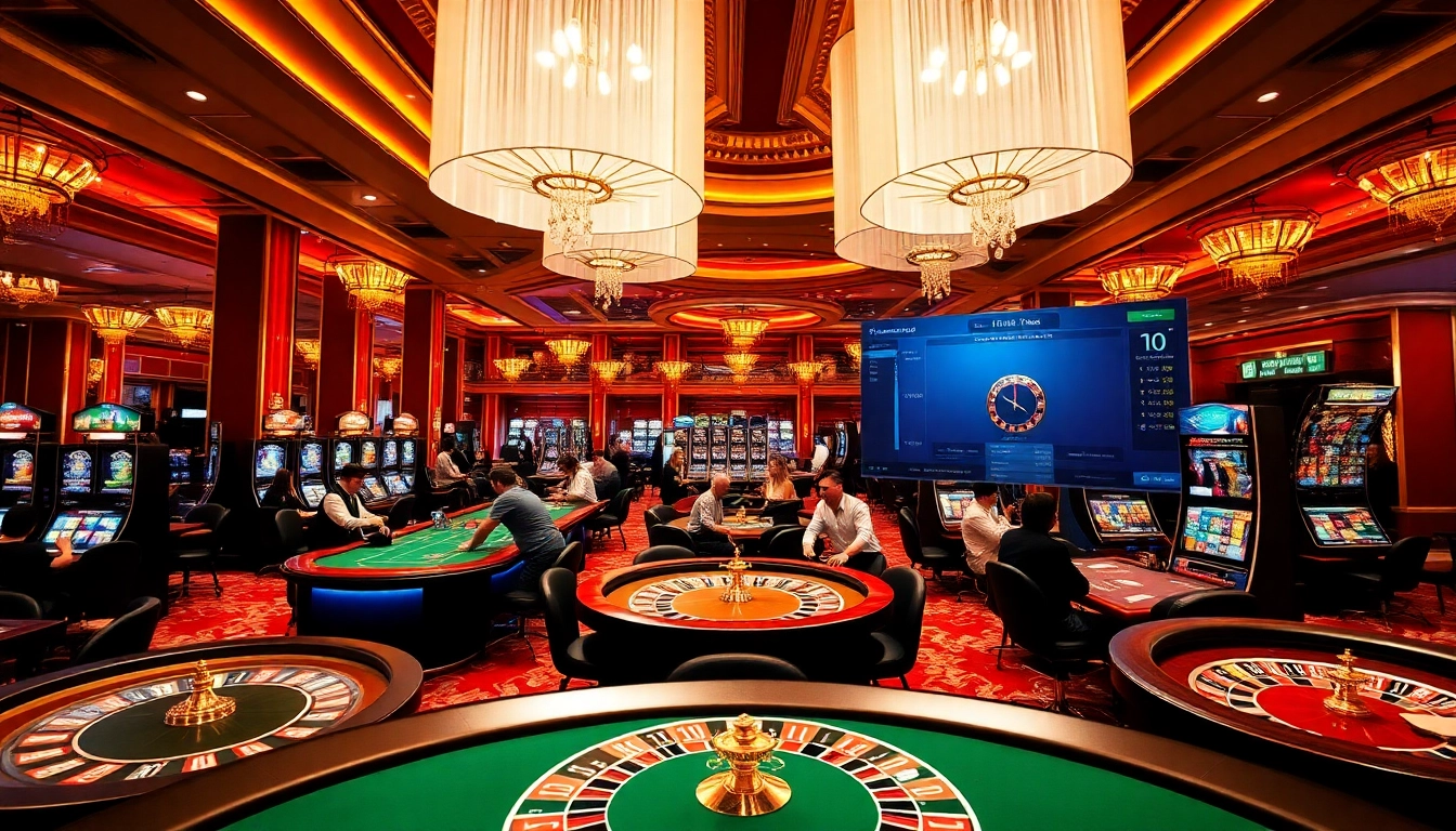 Experience thrilling gaming at https://8day.reisen/, showcasing luxurious casino tables and vibrant slot machines.