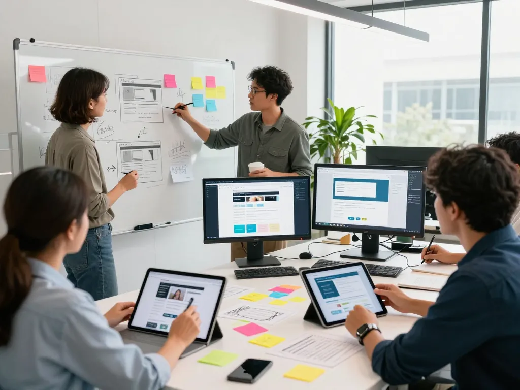 Interactive web design team collaborating on creative digital layouts with modern tools and vibrant atmosphere.
