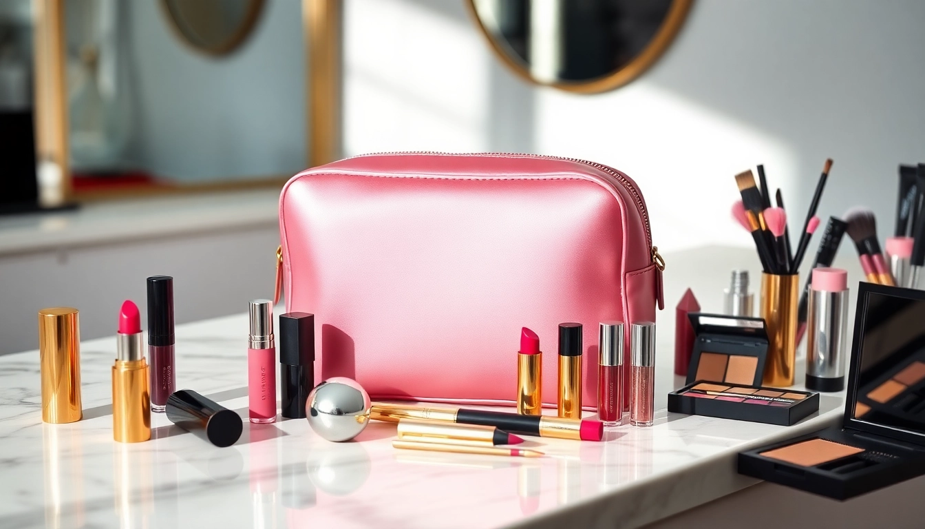 Showcasing skone cosmetics signature makeup bag with elegant makeup products nearby.