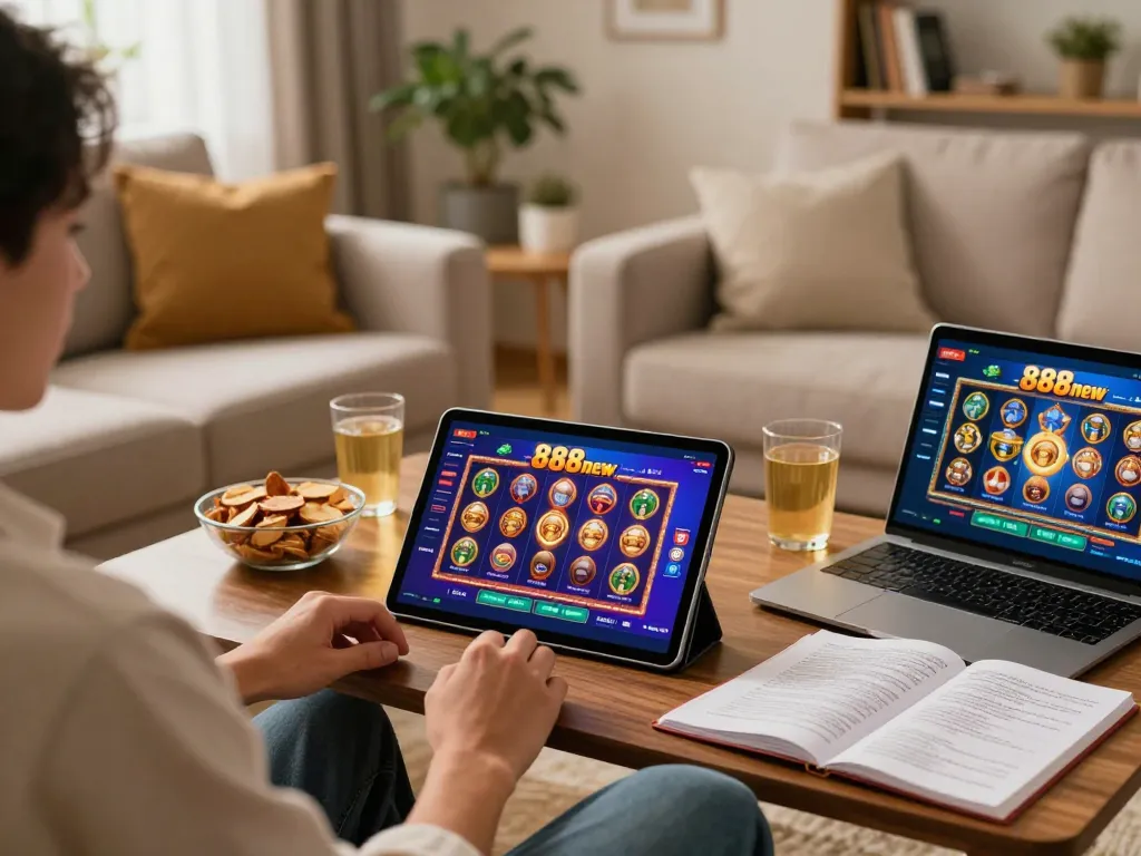 Person enjoying online slots on 888new tablet in a cozy living room, showcasing responsible gaming.