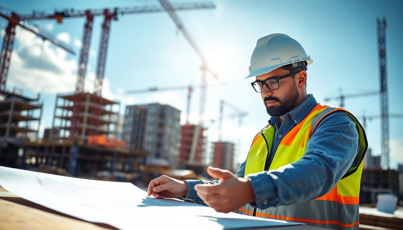 New York Construction Manager reviewing blueprints at a lively construction site.