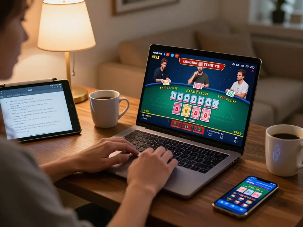 Playing link resmi live casino vegas88 on a laptop at home, showcasing live dealer baccarat and cozy atmosphere.
