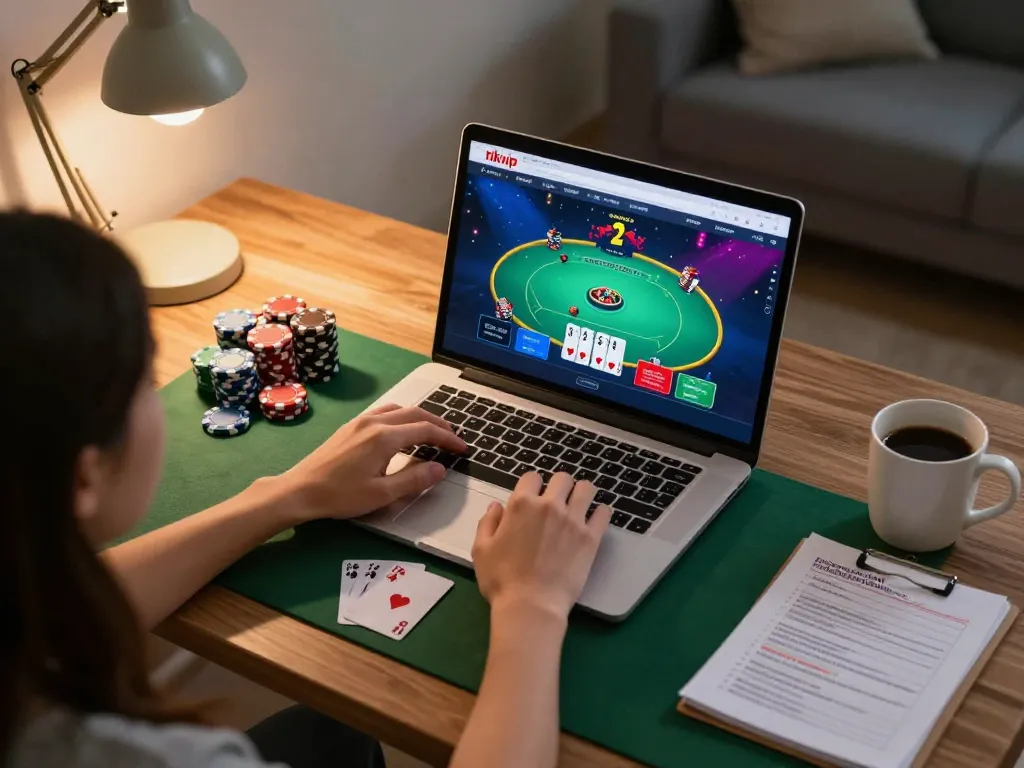 Player engaged in online gambling on rikvip platform with poker game interface and warm home atmosphere.