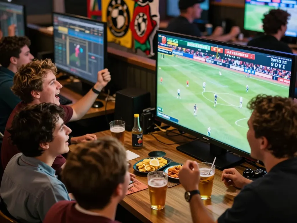 Friends celebrating while placing bets at xx88 sports viewing party, filled with excitement.