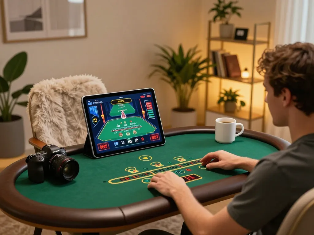 Người chơi B52 club tận hưởng trò chơi blackjack với người chia bài trực tiếp trên thiết bị máy tính bảng ấm cúng tại nhà.
