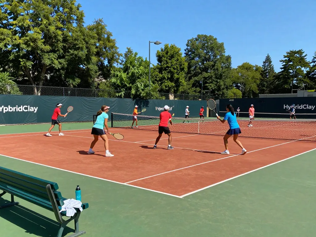 Dynamic scene of players enjoying a HybridClay tennis court during a sunny day.