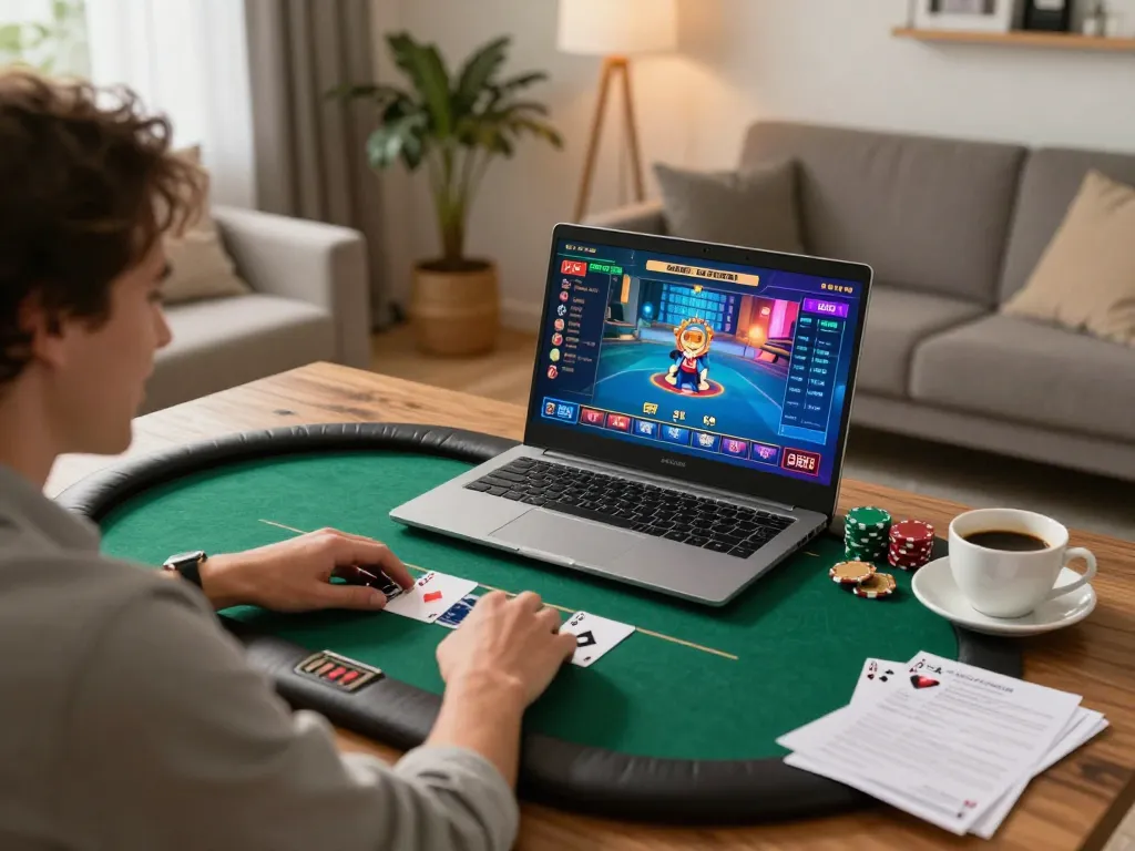 Engaging moment of a player using sc88 online platform for poker, showcasing home gaming setup.