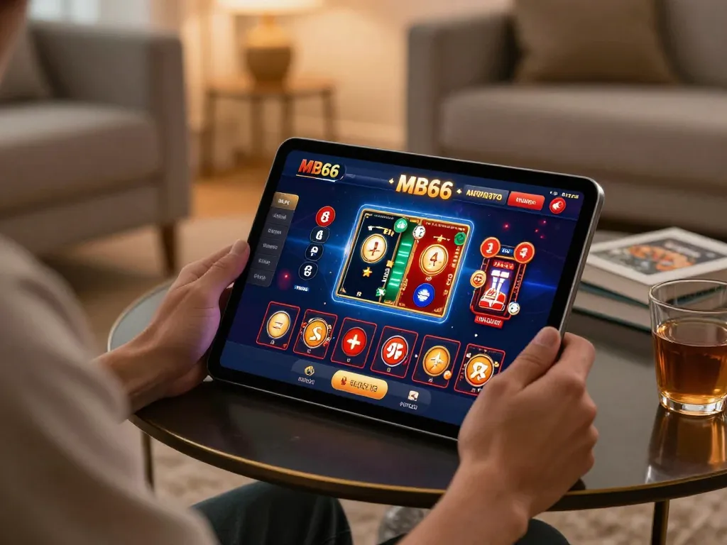 Engaging gambler accessing MB66 casino platform on tablet in cozy home setting.