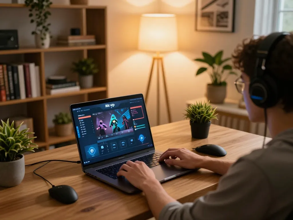 Người chơi đang tham gia chiến lược với giao diện trò chơi trực tuyến Rik vip trên laptop trong văn phòng tại nhà ấm cúng