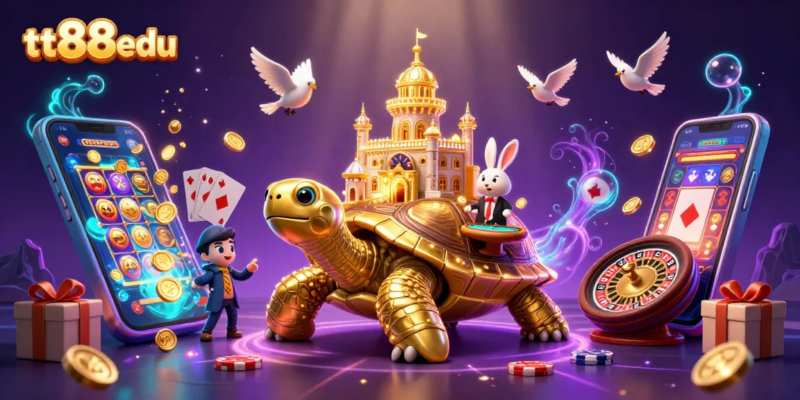 Play online and win big with tt88edu, featuring a vibrant 3D casino scene rich in game elements.