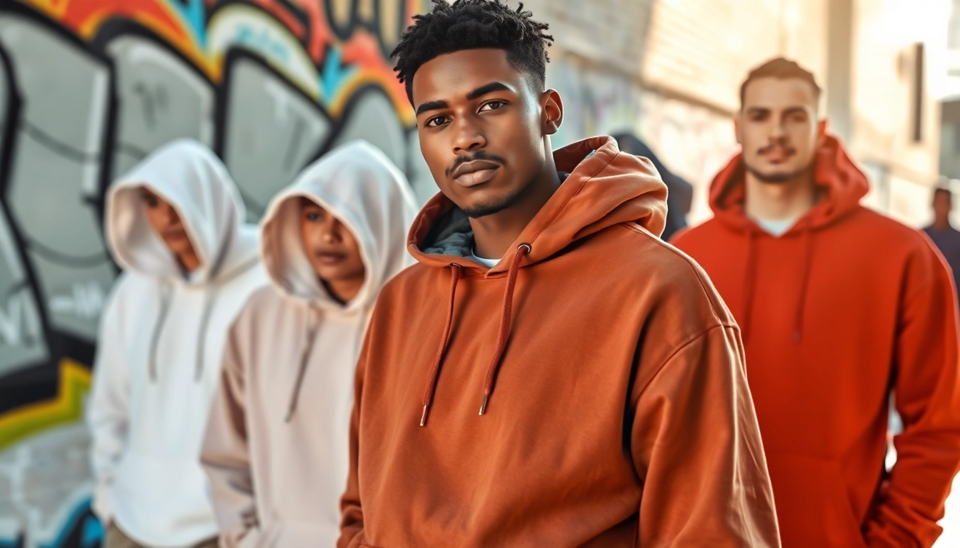 Young model showcasing stylish blank hoodies against a colorful urban backdrop.