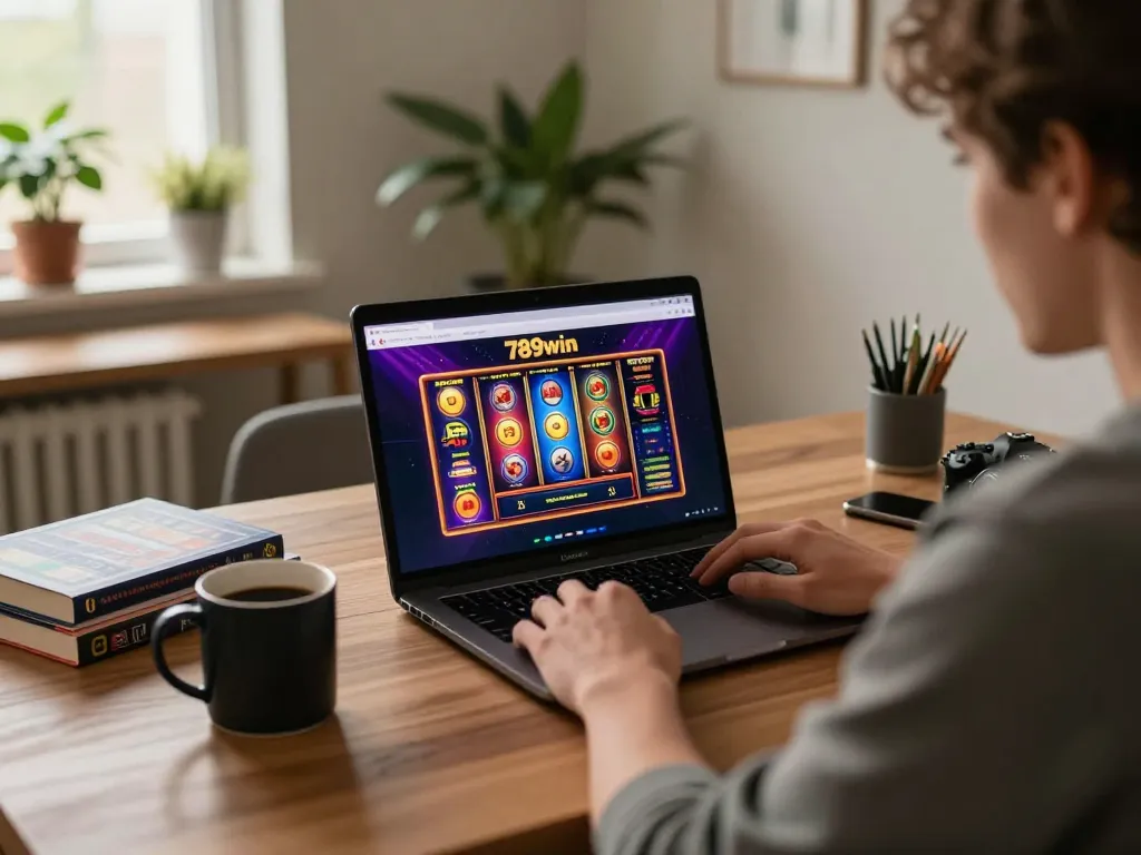 Engaging with the 789win online casino platform through a laptop in a cozy home office.
