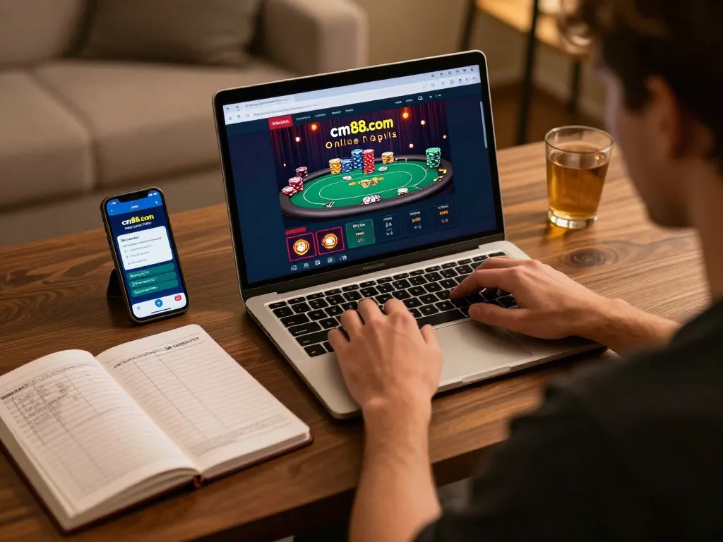 Engaging online gaming session at cm88.com with a player focused on their laptop and betting notes.
