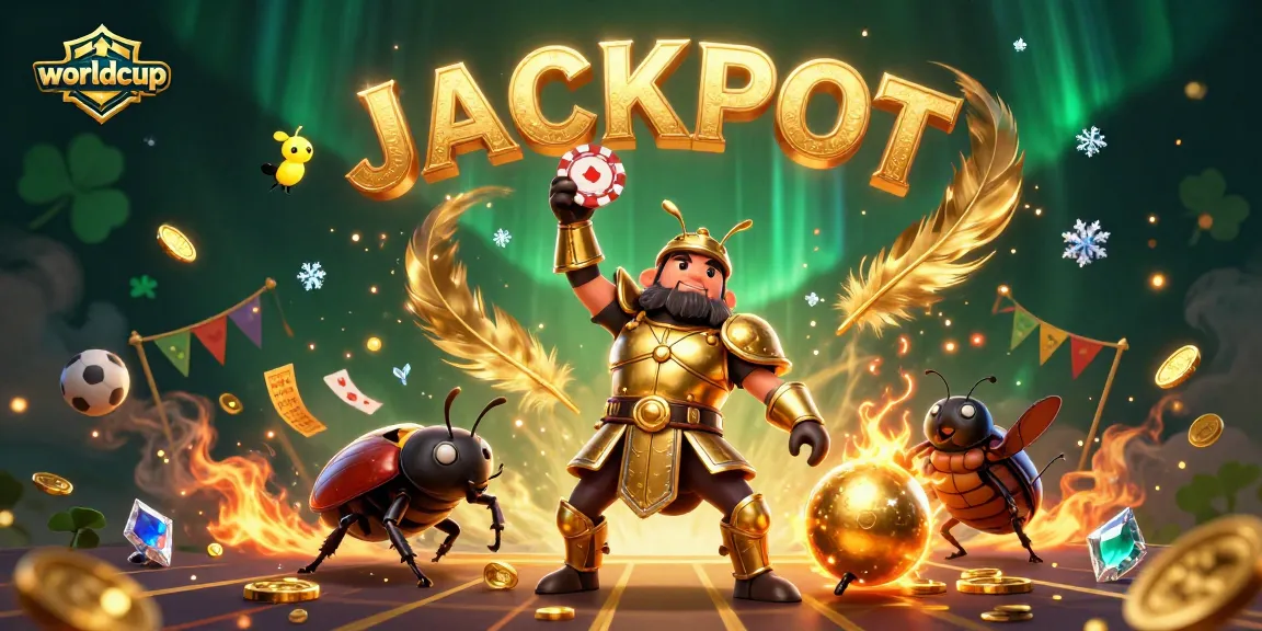 Join the excitement of worldcup-themed games with a victorious beetle champion lifting a poker chip.
