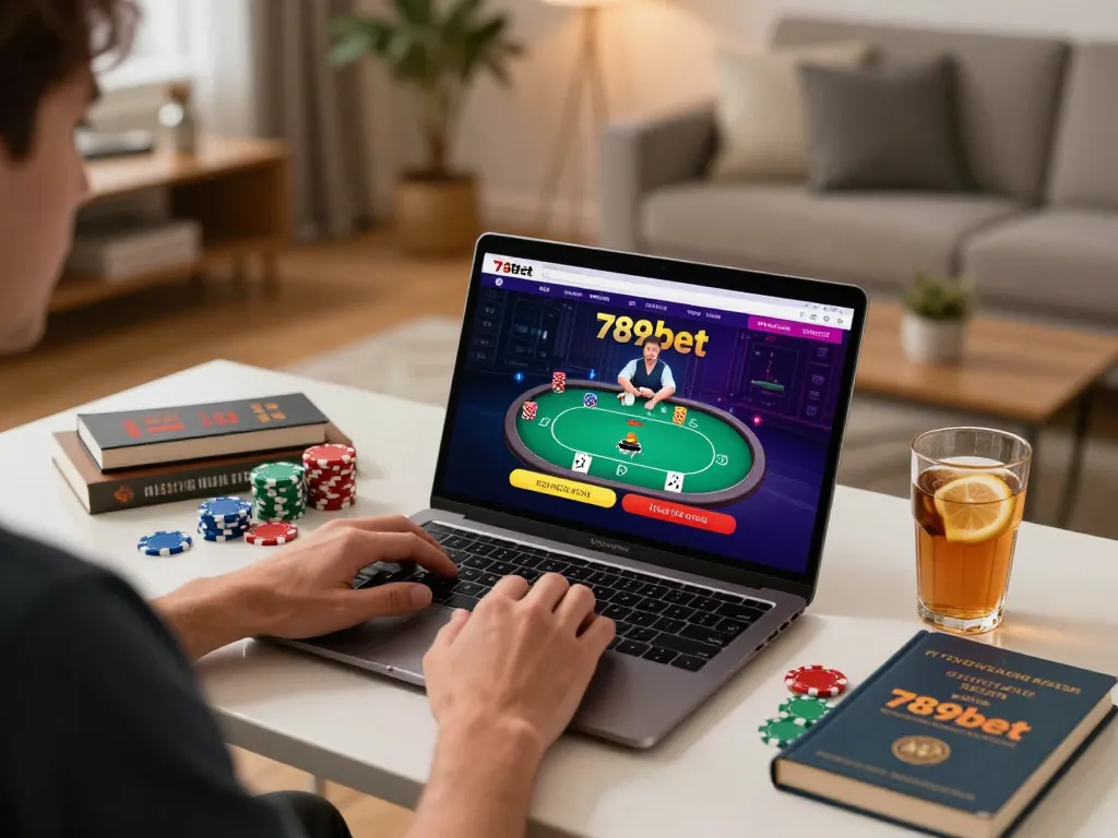 Player enjoying an online game at 789bet with strategic notes by their side, in a cozy setting.