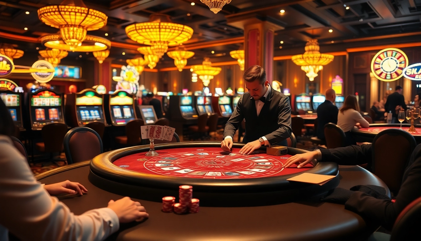 Players compete in an intense poker game at JBO, surrounded by a vibrant casino atmosphere.