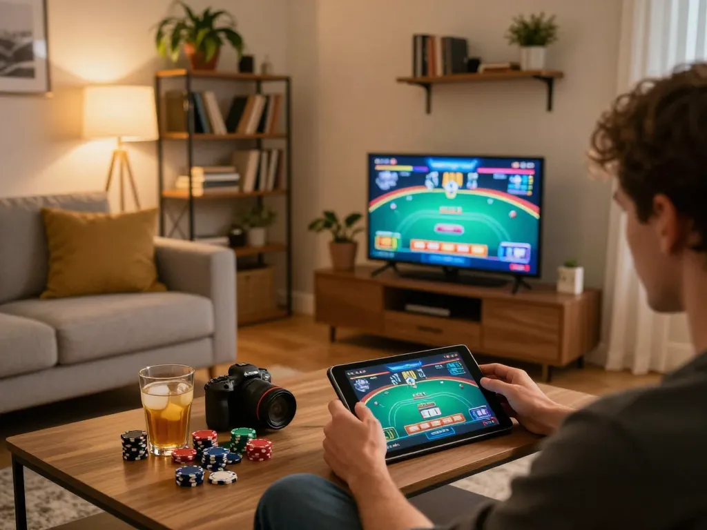 Engaged player using vn88a online casino app during a cozy home gaming session